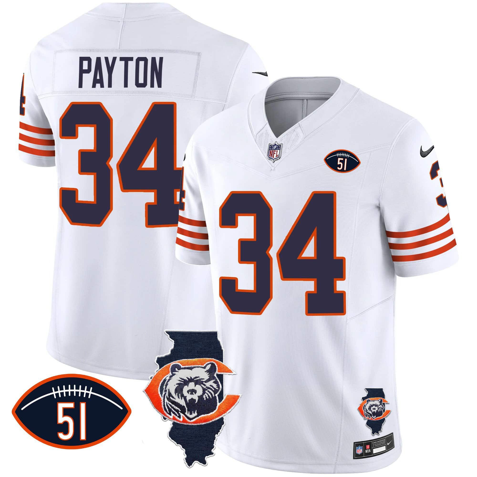 Men Chicago Bears 34 Payton White 2024 Nike Throwback Illinois Patch Vapor NFL Jersey